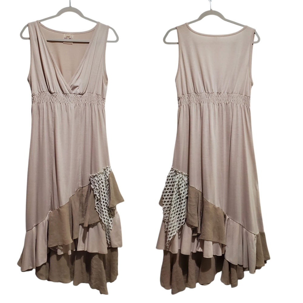 Noelle Linen Blend Neutral Sleeveless Multi-media Layers Boho Dress Size S/M